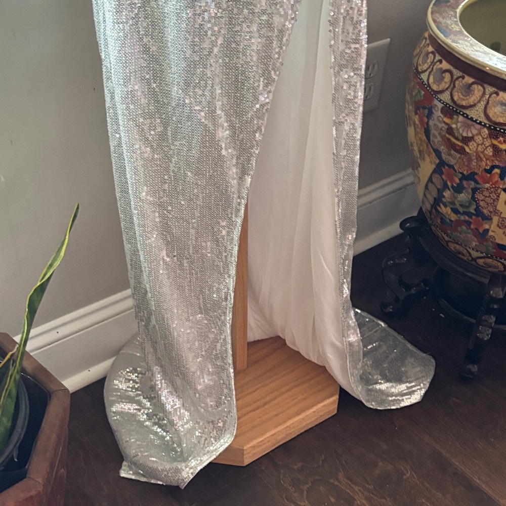 NWT PrettyLittleThing Silver Sequin Off-Shoulder Prom Dress - Picture 5 of 11